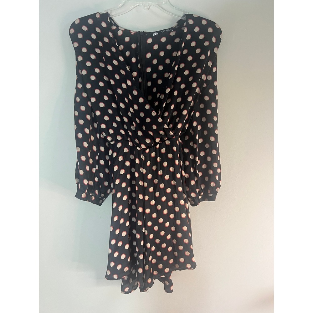 Zara Polka Dot Long Sleeve Romper Black Red White Surplice V-Neck Size M
